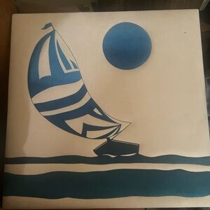 Vintage velour Blue and Cream Sailboat Art Canvas